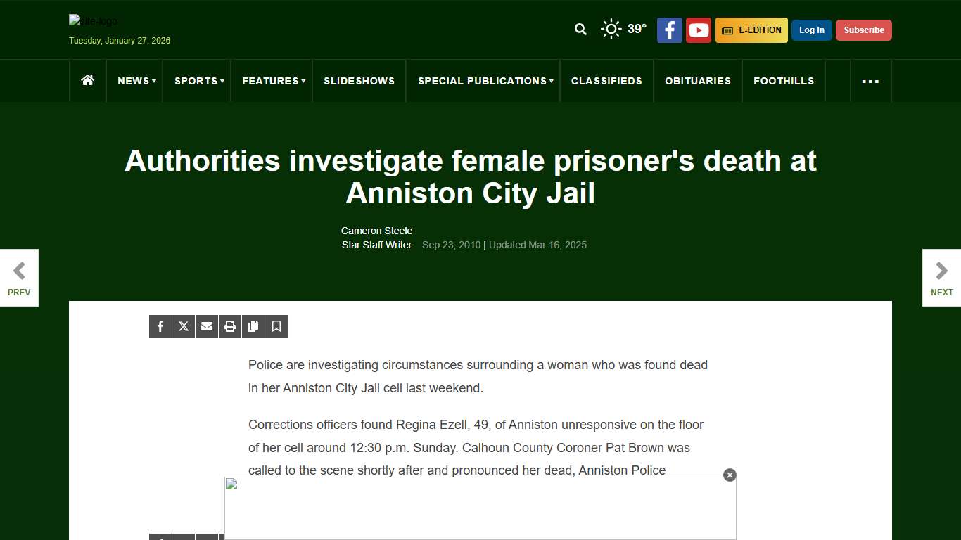 Authorities investigate female prisoner's death at Anniston City Jail Anniston annistonstar.com